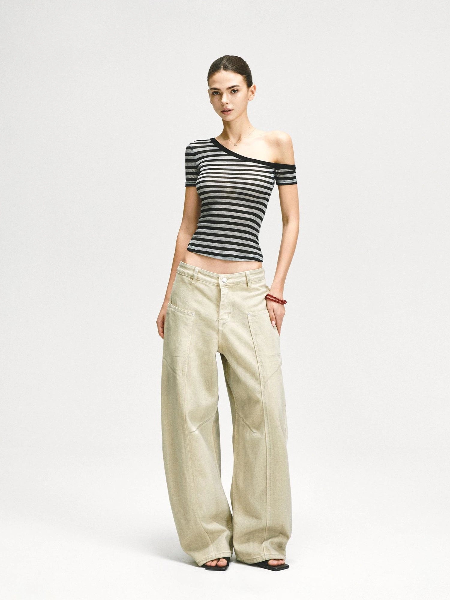 KVKV Yoga Clothing Brand - Asymmetric Shoulder Striped Fitted Tee