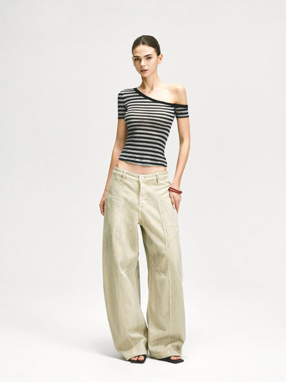 KVKV Yoga Clothing Brand - Asymmetric Shoulder Striped Fitted Tee