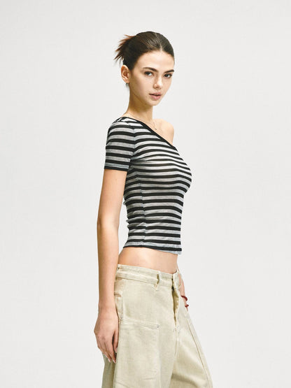 KVKV Yoga Clothing Brand - Asymmetric Shoulder Striped Fitted Tee