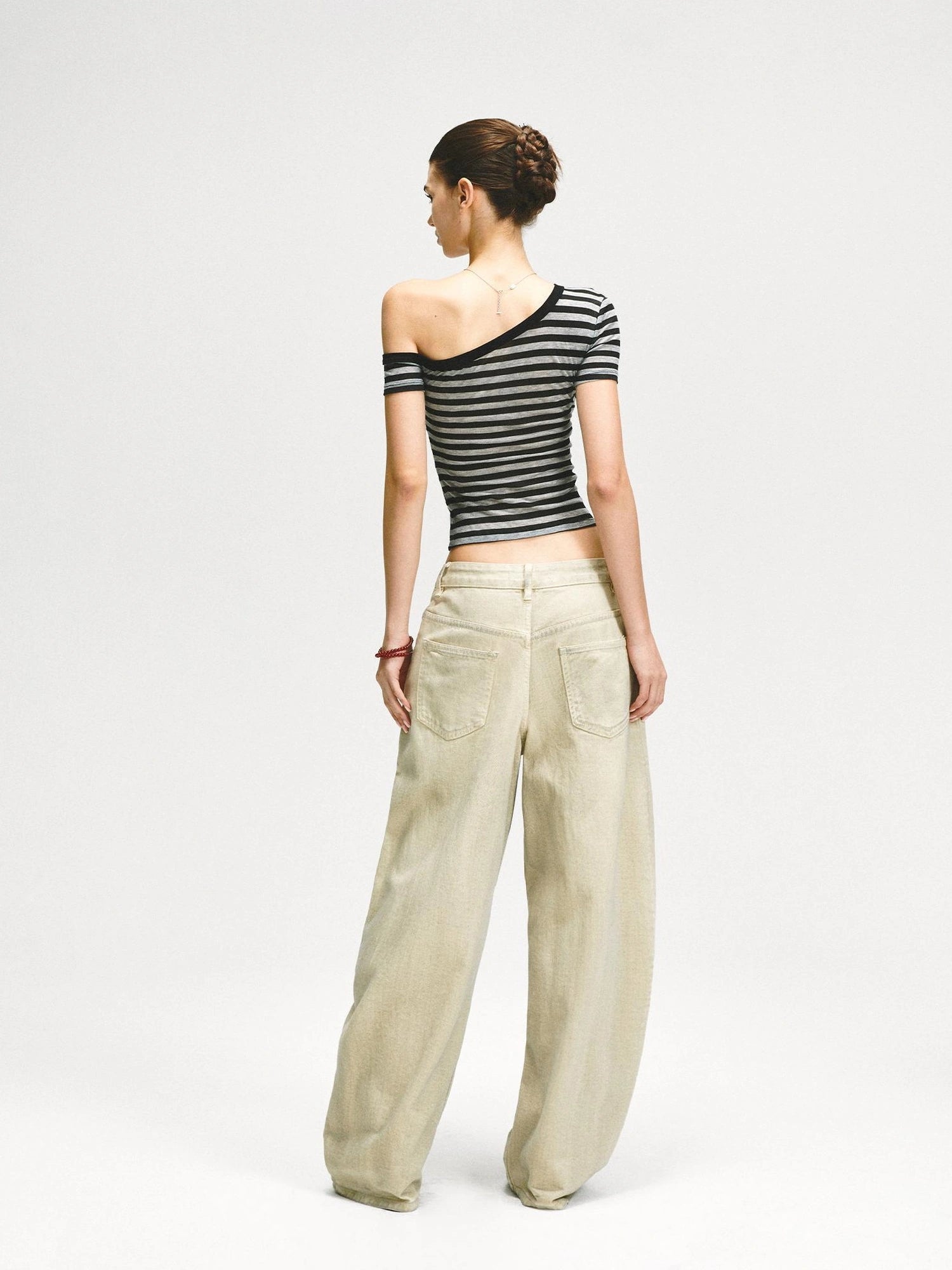KVKV Yoga Clothing Brand - Asymmetric Shoulder Striped Fitted Tee