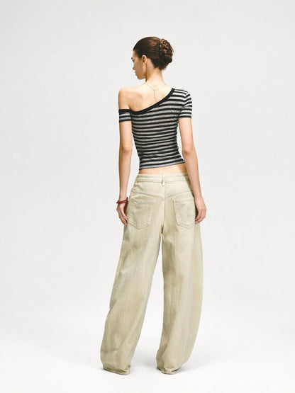 KVKV Yoga Clothing Brand - Asymmetric Shoulder Striped Fitted Tee