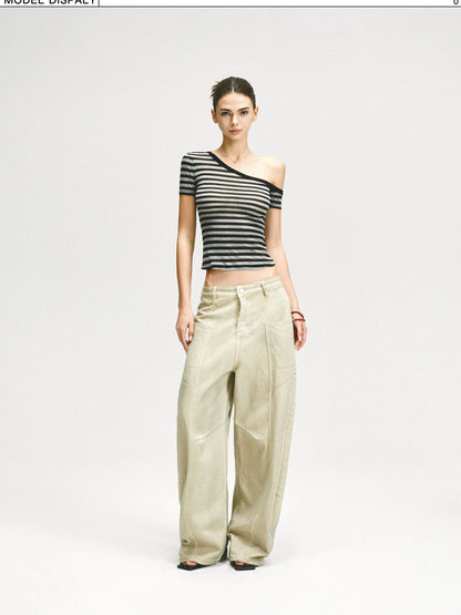 KVKV Yoga Clothing Brand - Asymmetric Shoulder Striped Fitted Tee