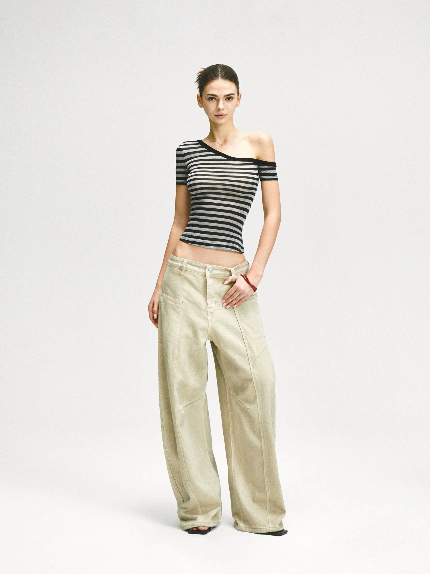 KVKV Yoga Clothing Brand - Asymmetric Shoulder Striped Fitted Tee