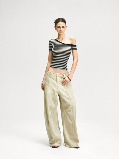 KVKV Yoga Clothing Brand - Asymmetric Shoulder Striped Fitted Tee