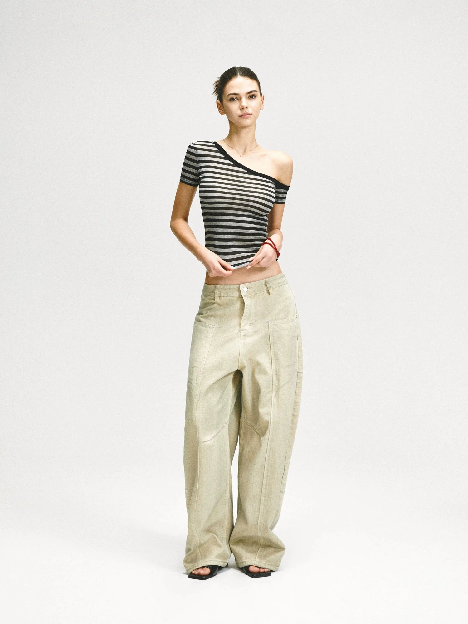 KVKV Yoga Clothing Brand - Asymmetric Shoulder Striped Fitted Tee