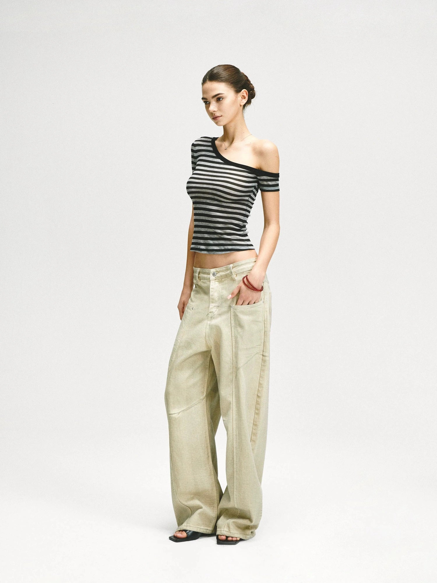 KVKV Yoga Clothing Brand - Asymmetric Shoulder Striped Fitted Tee