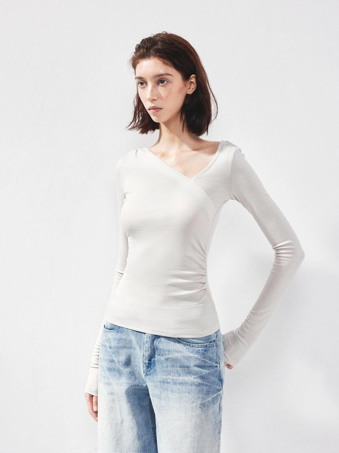 kvkv Asymmetric Slash Neck Fitted Long Sleeve Top