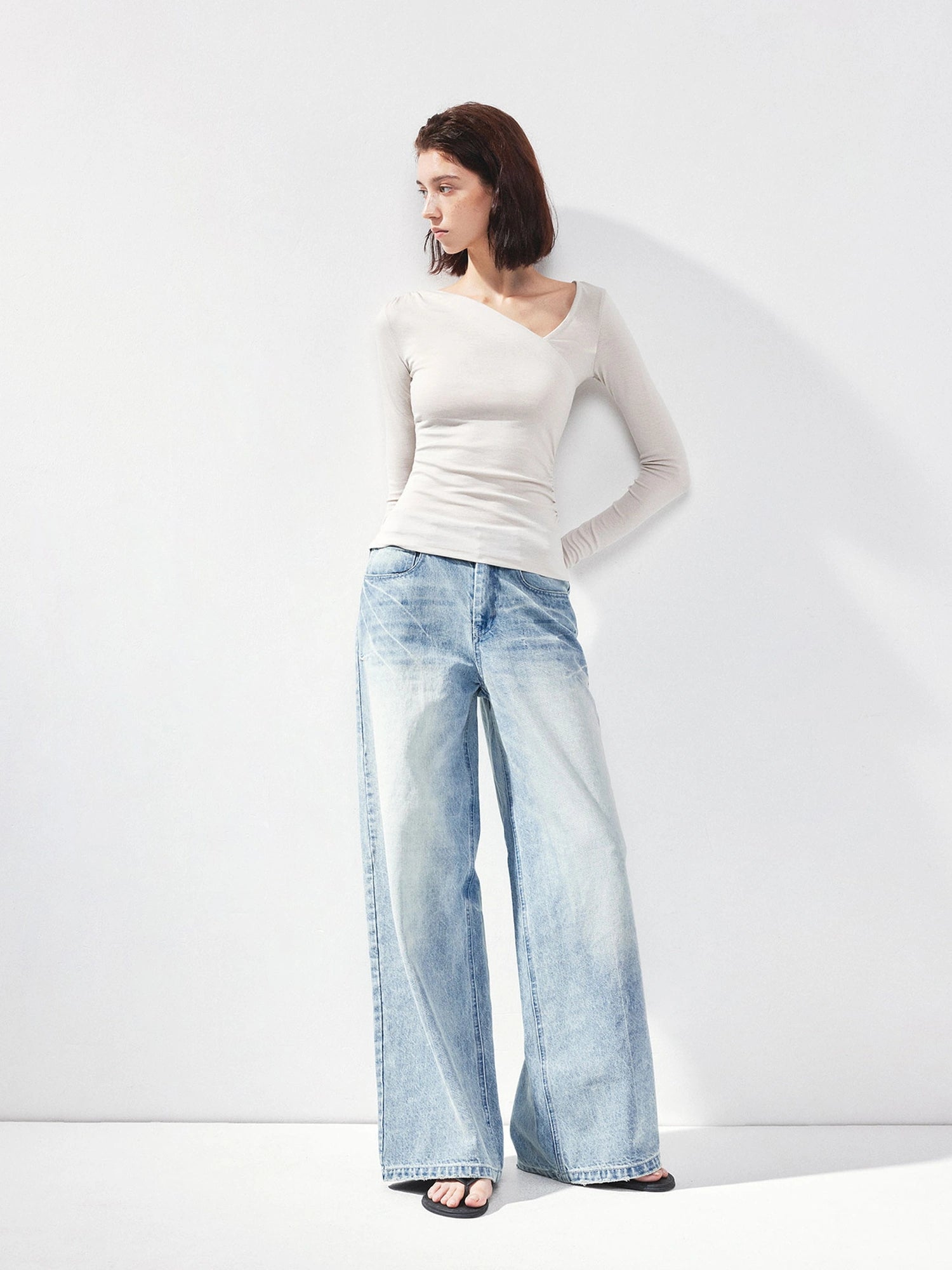 kvkv Asymmetric Slash Neck Fitted Long Sleeve Top