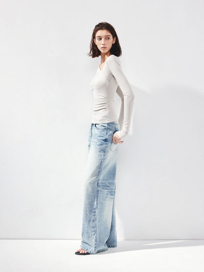 kvkv Asymmetric Slash Neck Fitted Long Sleeve Top