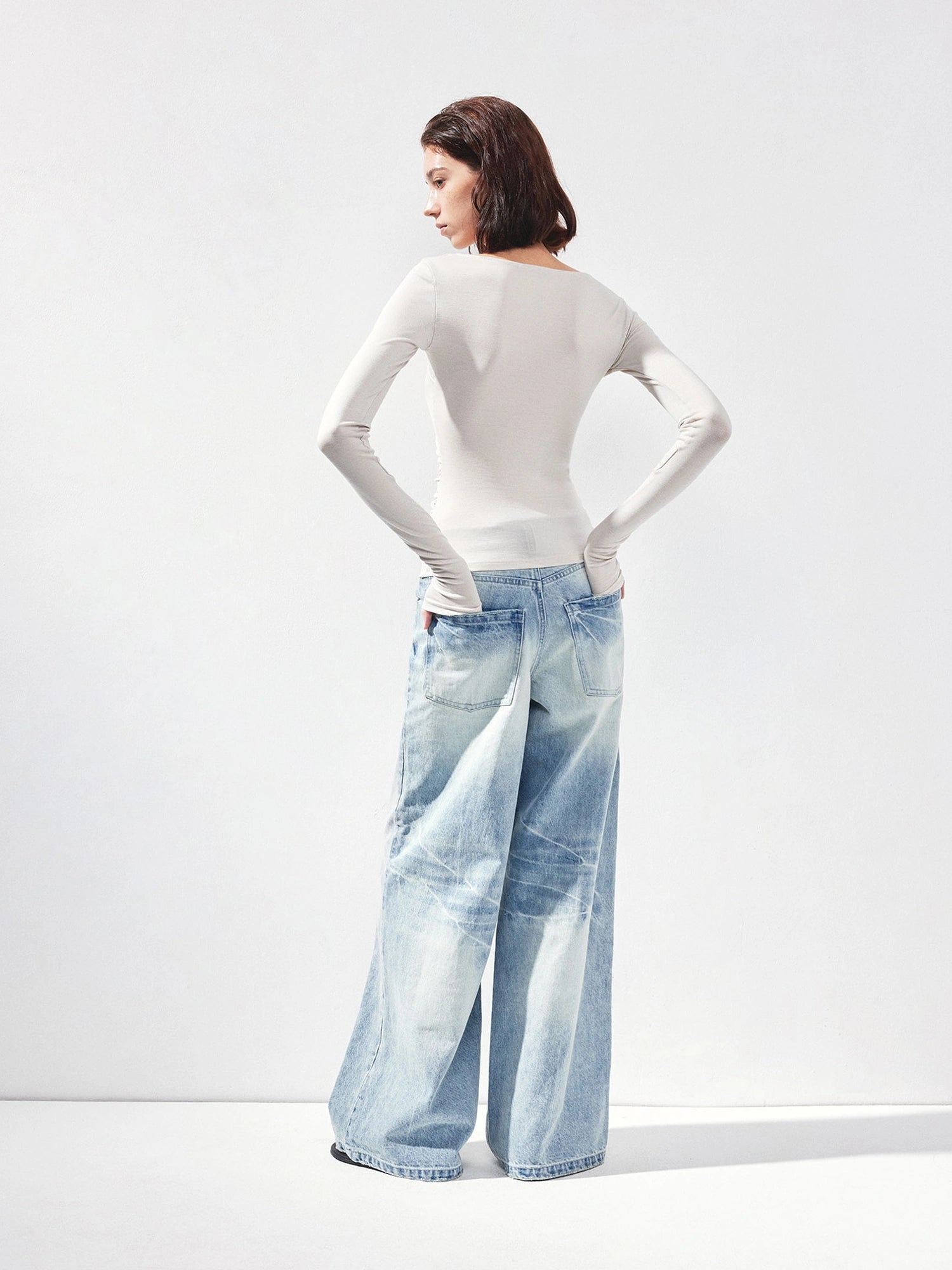kvkv Asymmetric Slash Neck Fitted Long Sleeve Top