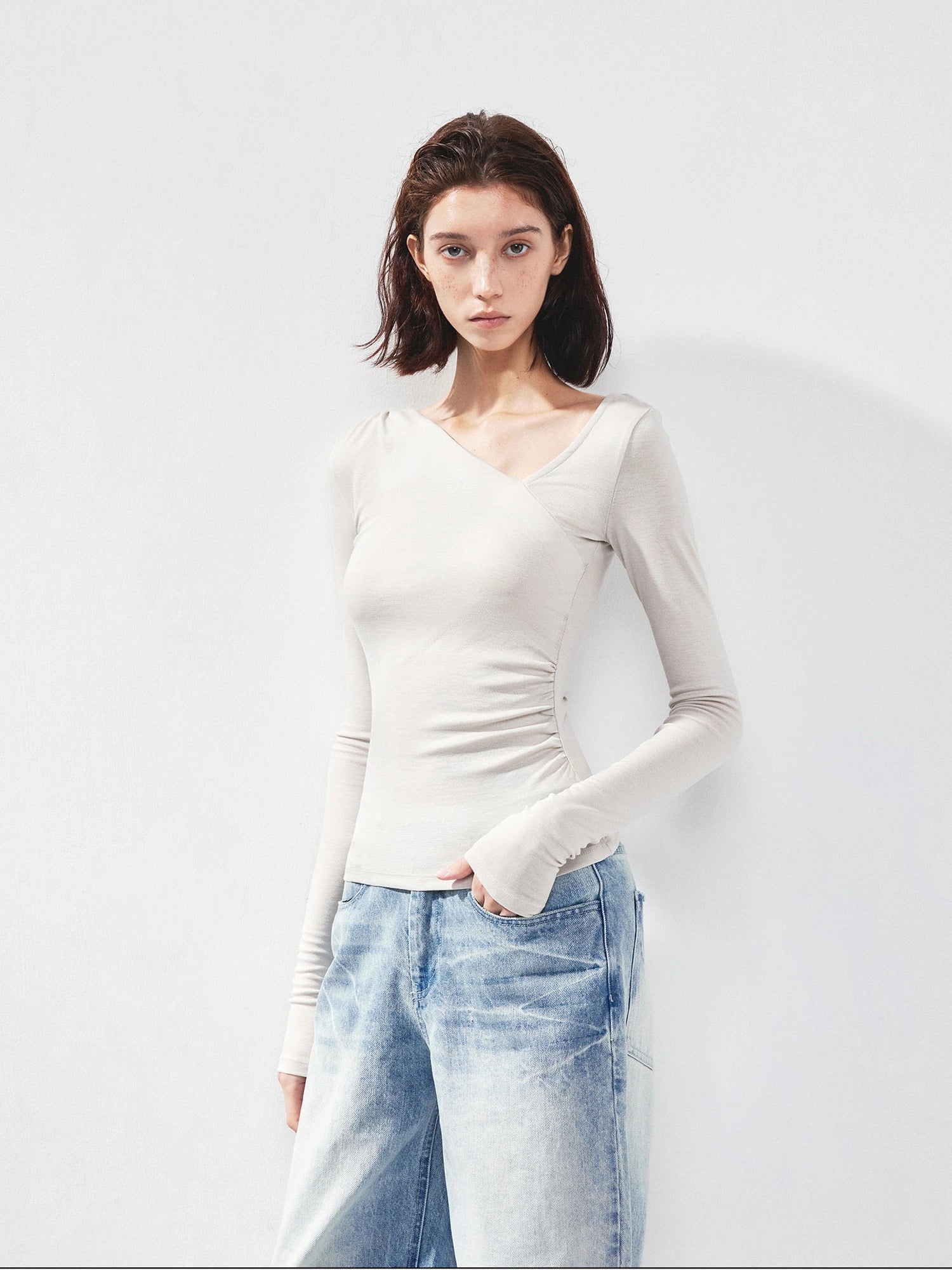 kvkv Asymmetric Slash Neck Fitted Long Sleeve Top