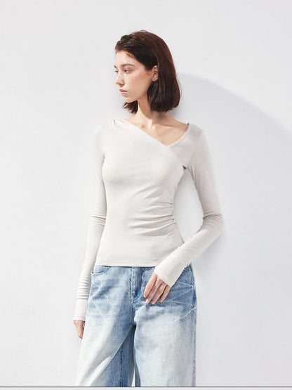 kvkv Asymmetric Slash Neck Fitted Long Sleeve Top