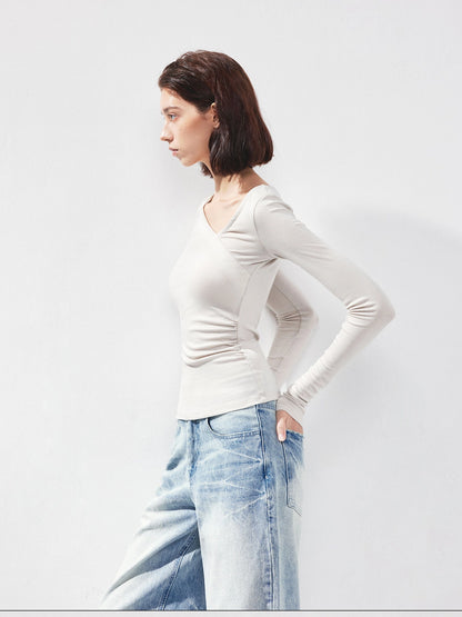 kvkv Asymmetric Slash Neck Fitted Long Sleeve Top