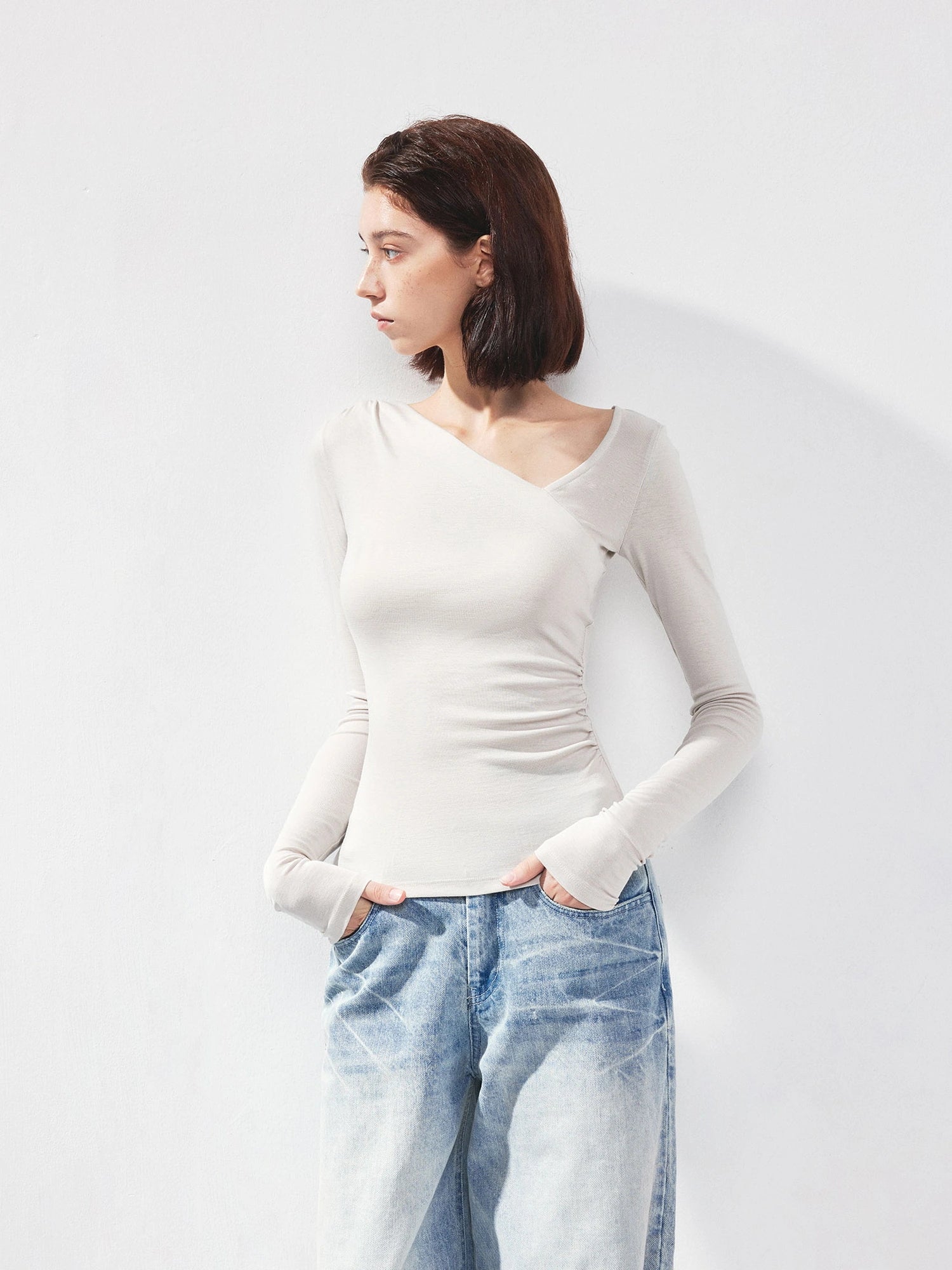 kvkv Asymmetric Slash Neck Fitted Long Sleeve Top
