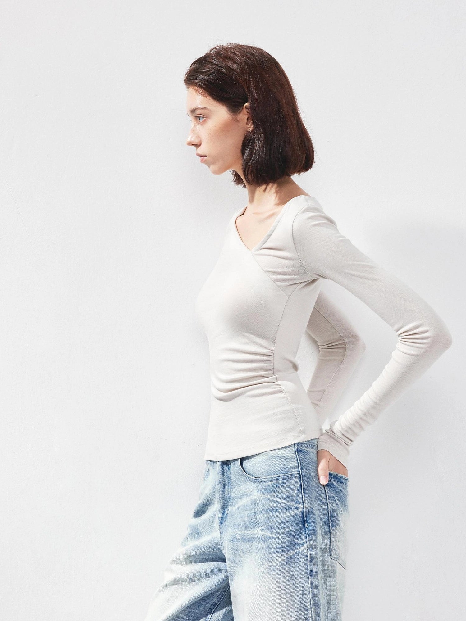 kvkv Asymmetric Slash Neck Fitted Long Sleeve Top