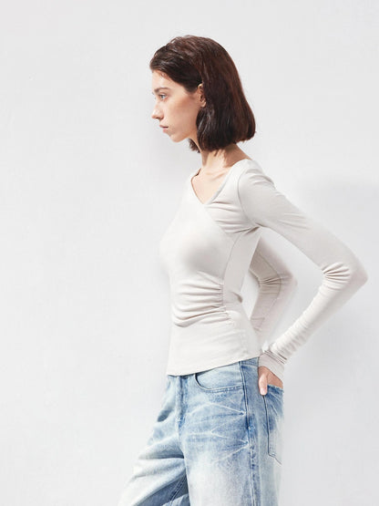 kvkv Asymmetric Slash Neck Fitted Long Sleeve Top
