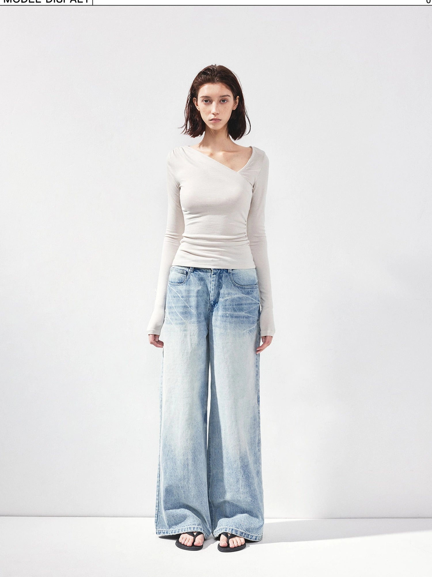 kvkv Asymmetric Slash Neck Fitted Long Sleeve Top