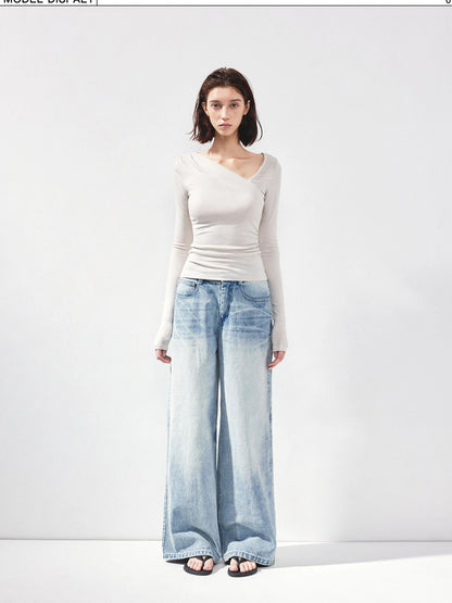 kvkv Asymmetric Slash Neck Fitted Long Sleeve Top