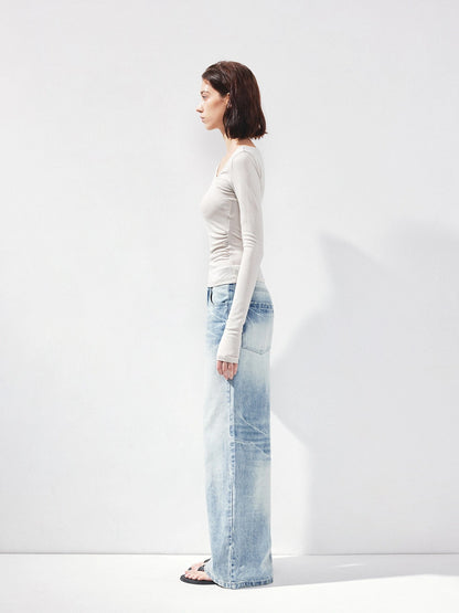 kvkv Asymmetric Slash Neck Fitted Long Sleeve Top