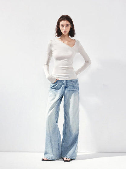 kvkv Asymmetric Slash Neck Fitted Long Sleeve Top