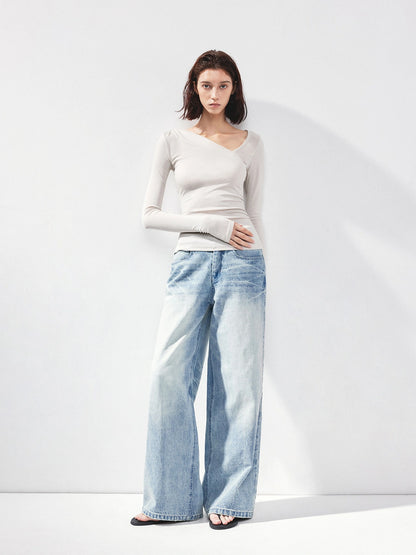 kvkv Asymmetric Slash Neck Fitted Long Sleeve Top
