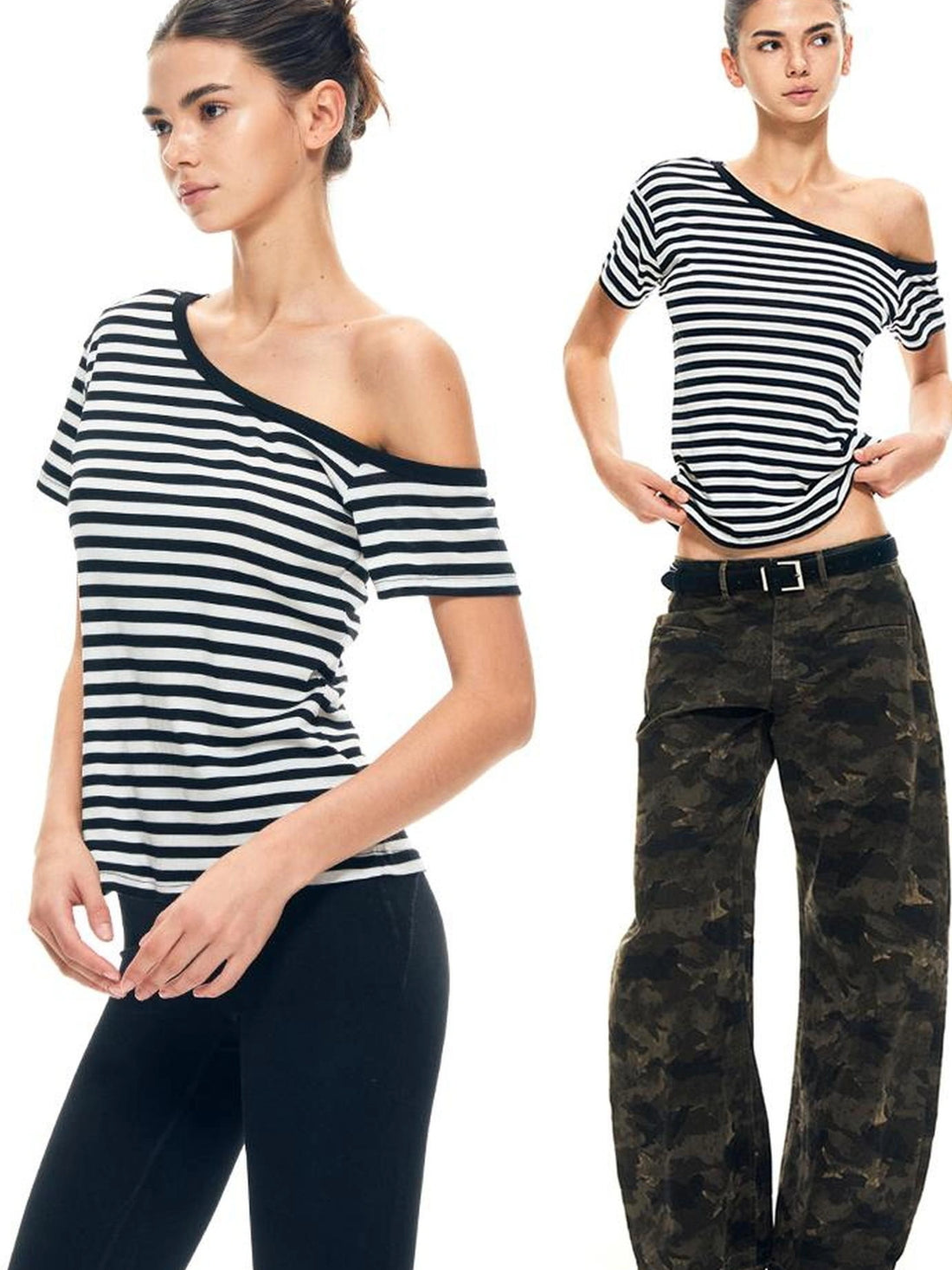 kvkv Asymmetric Stripe Knit V-neck T-shirt Long Sleeve