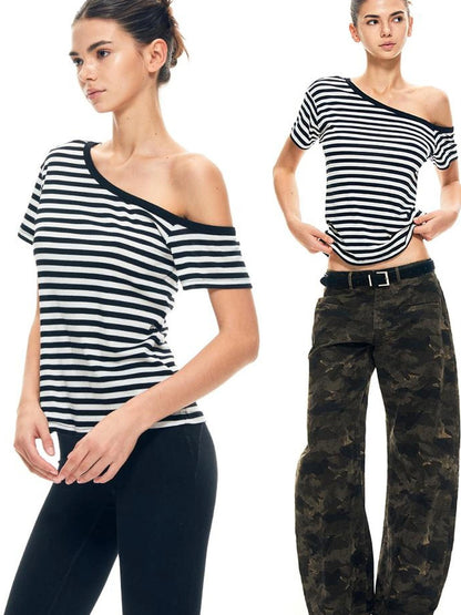 kvkv Asymmetric Stripe Knit V-neck T-shirt Long Sleeve