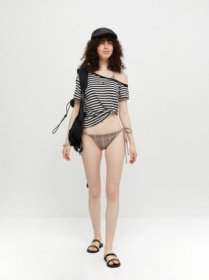 kvkv Asymmetric Stripe Knit V-neck T-shirt Long Sleeve