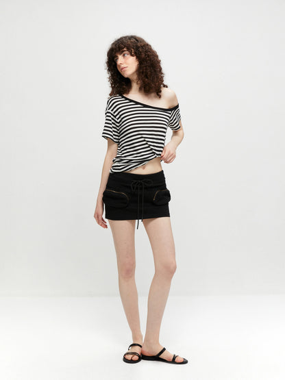 kvkv Asymmetric Stripe Knit V-neck T-shirt Long Sleeve