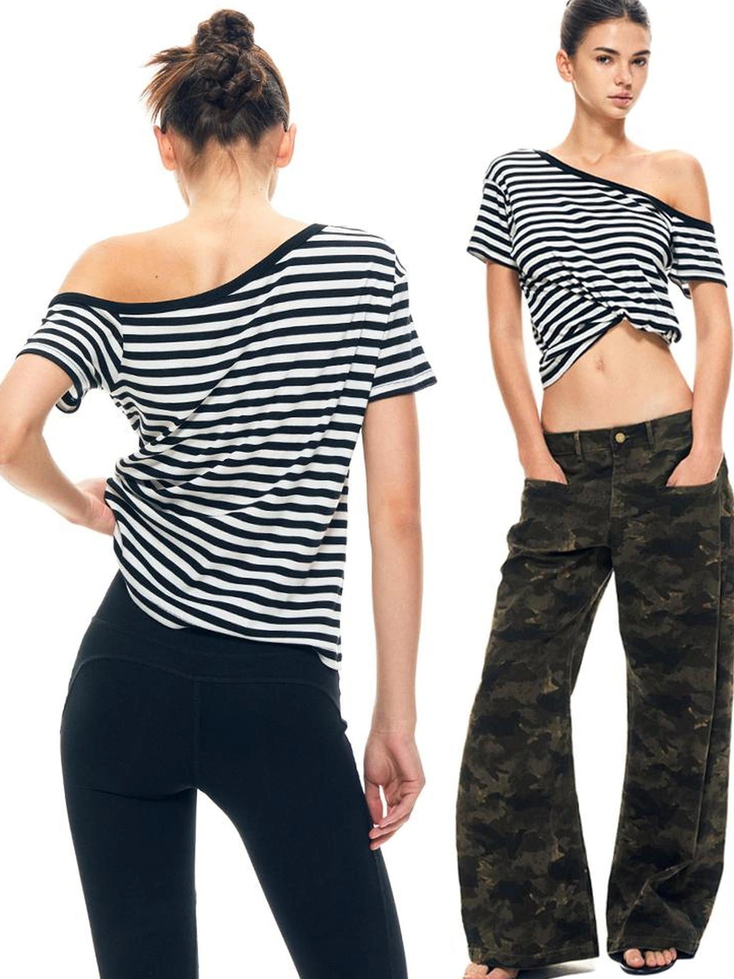 kvkv Asymmetric Stripe Knit V-neck T-shirt Long Sleeve