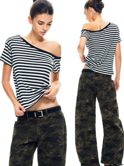 kvkv Asymmetric Stripe Knit V-neck T-shirt Long Sleeve