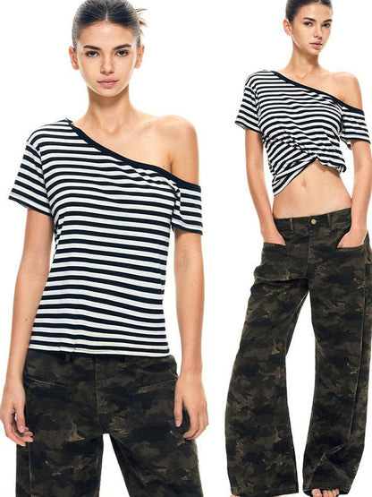 kvkv Asymmetric Stripe Knit V-neck T-shirt Long Sleeve