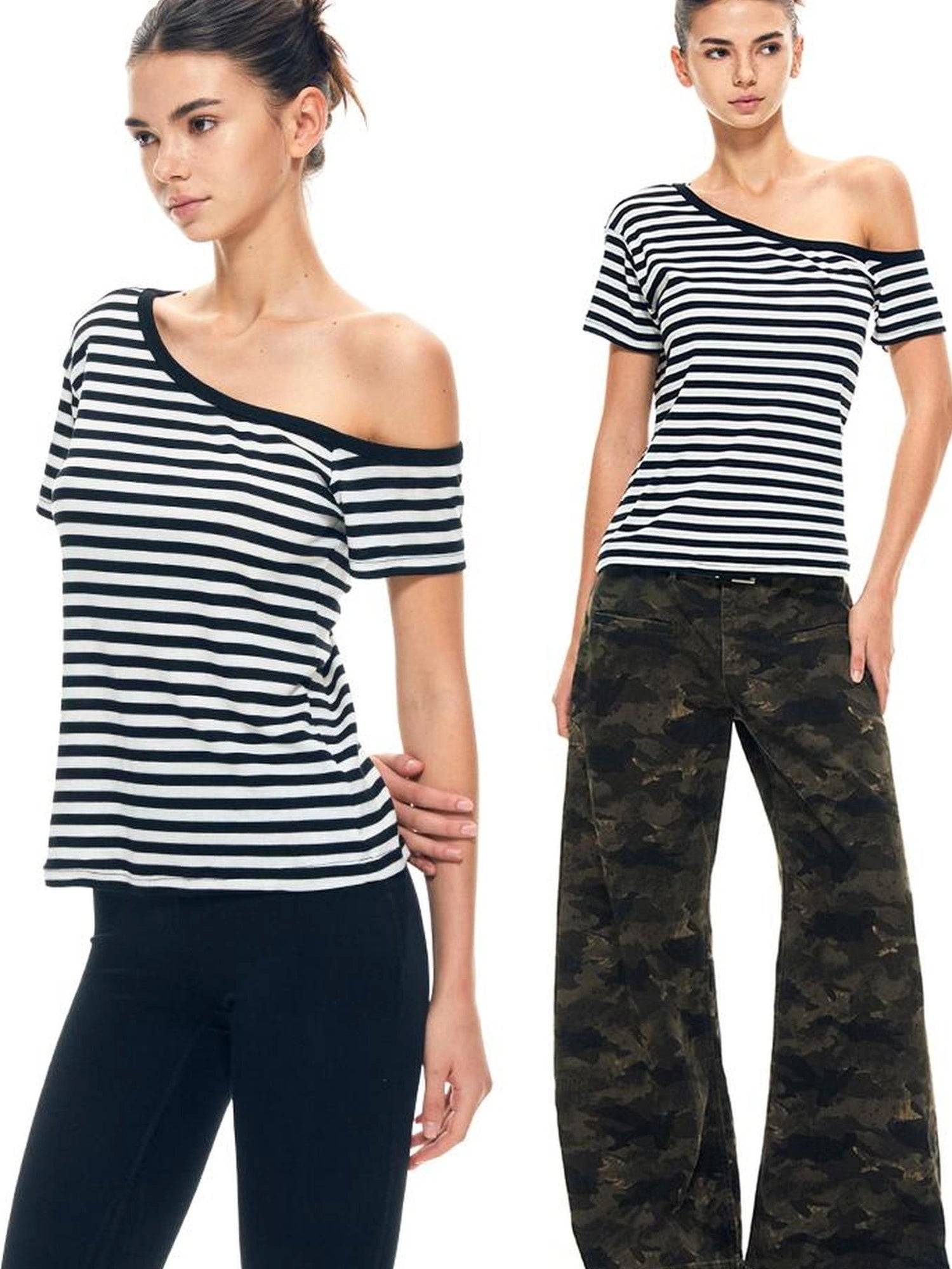 kvkv Asymmetric Stripe Knit V-neck T-shirt Long Sleeve