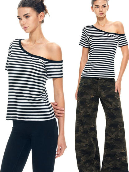 kvkv Asymmetric Stripe Knit V-neck T-shirt Long Sleeve