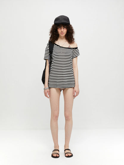 kvkv Asymmetric Stripe Knit V-neck T-shirt Long Sleeve