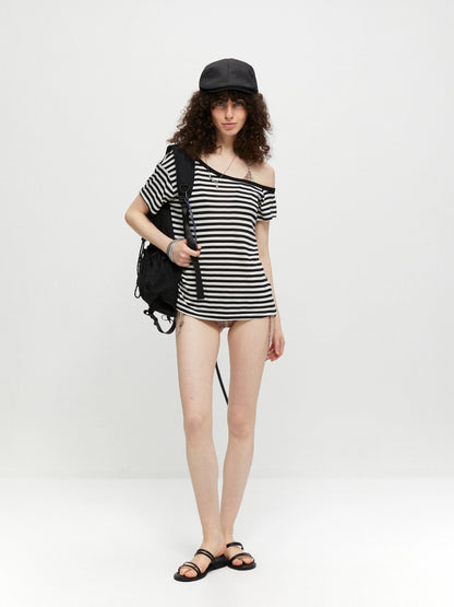 kvkv Asymmetric Stripe Knit V-neck T-shirt Long Sleeve