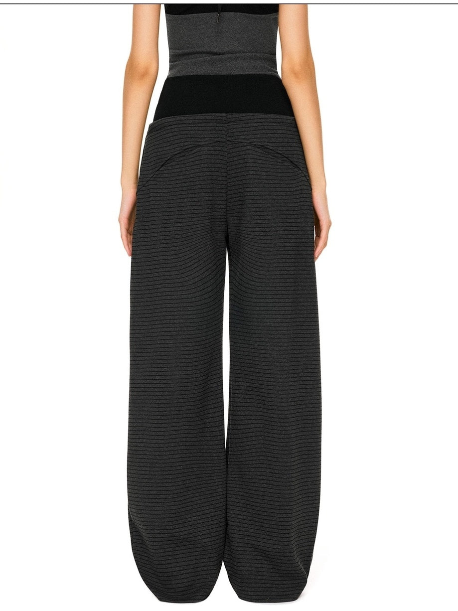 kvkv Asymmetric Versatile Loose Straight Leg Natural Waist Black Gray Stripe Pants