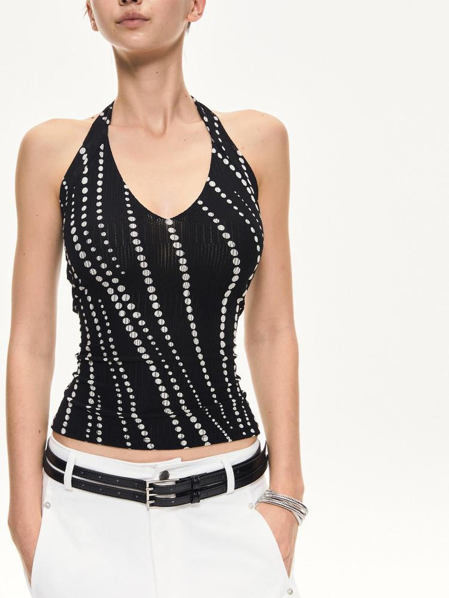kvkv Backless Halter Fitted Cropped Striped Stretch Nylon Tank Tops