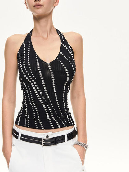 kvkv Backless Halter Fitted Cropped Striped Stretch Nylon Tank Tops