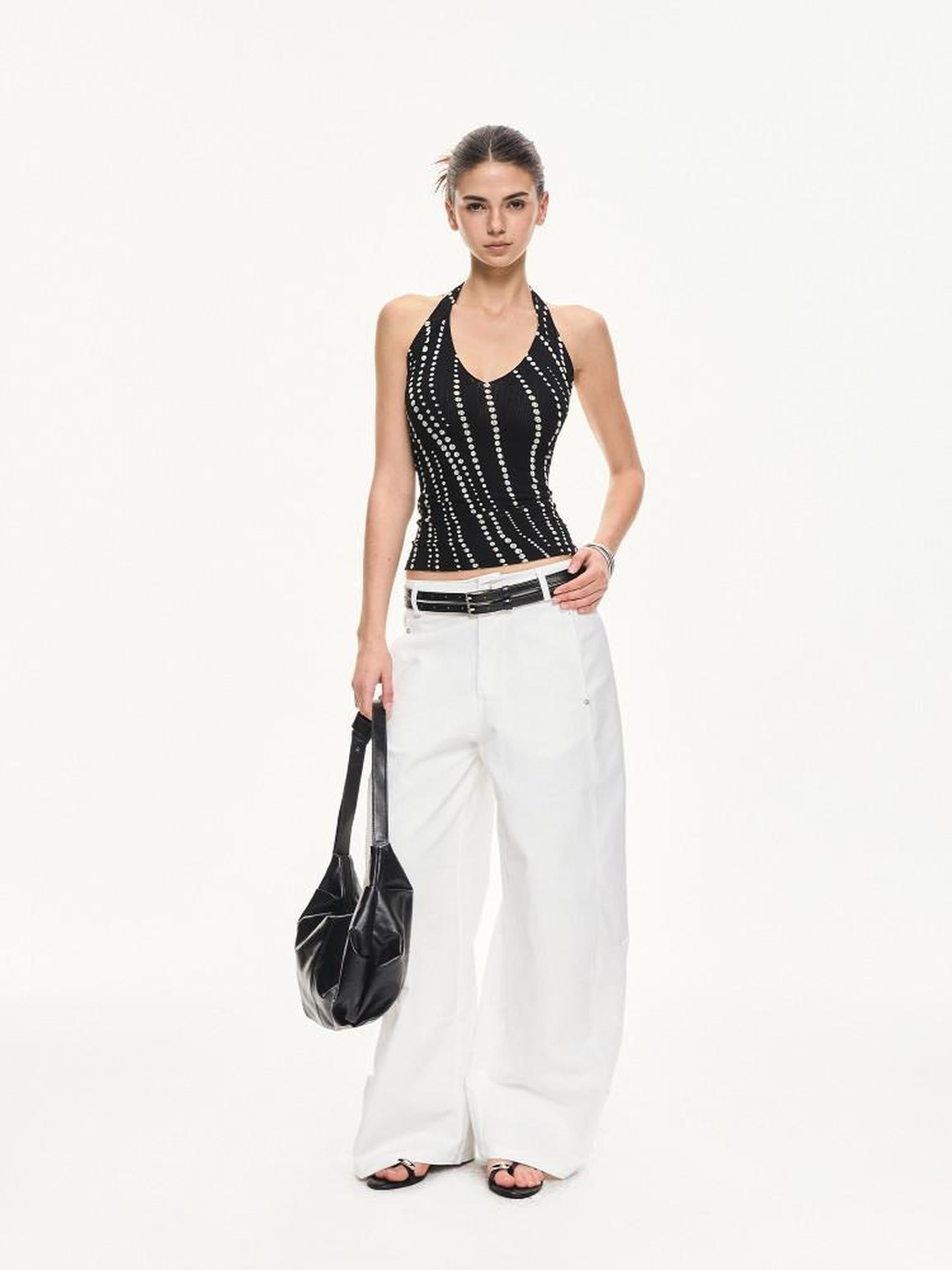kvkv Backless Halter Fitted Cropped Striped Stretch Nylon Tank Tops