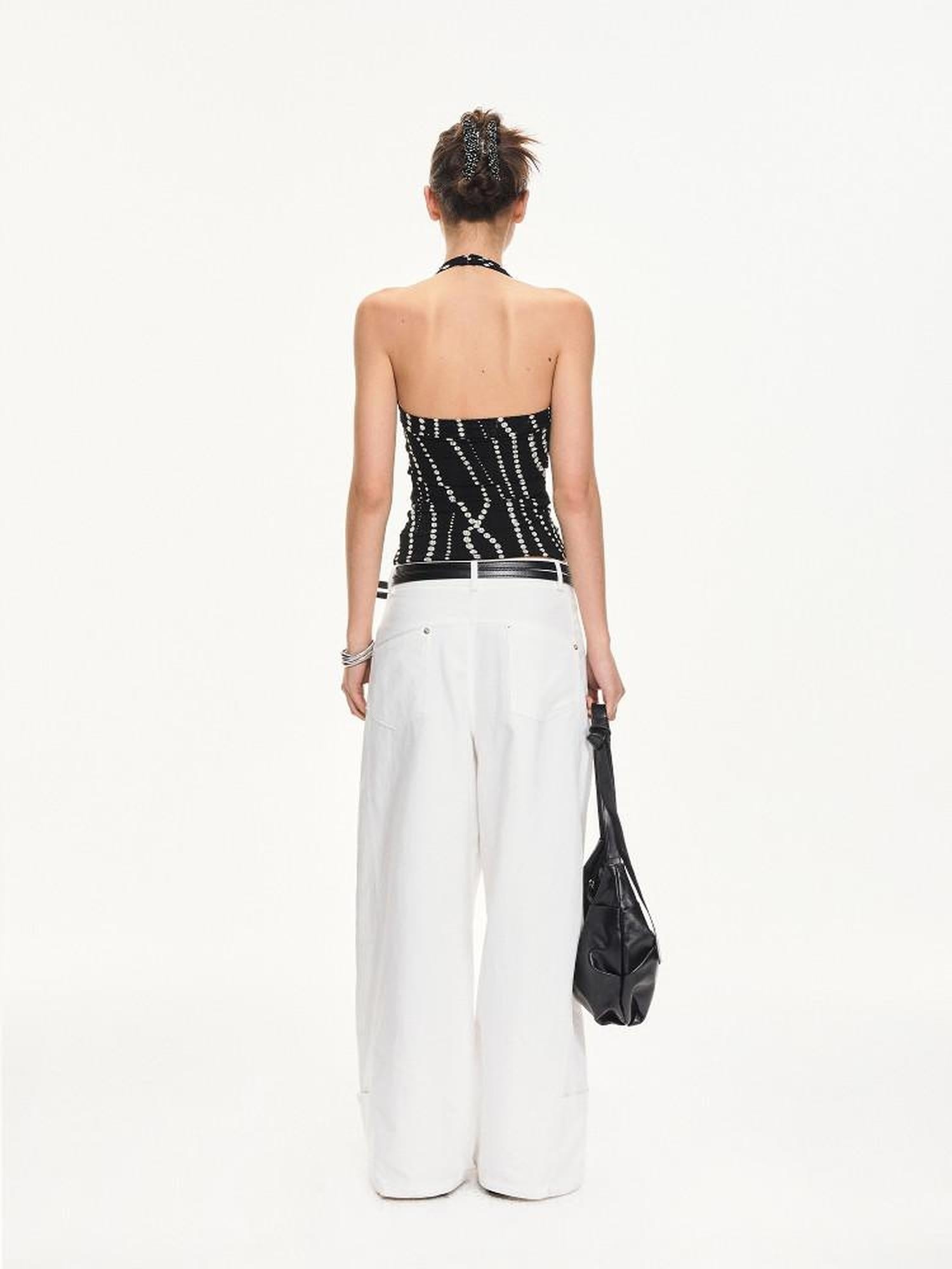 kvkv Backless Halter Fitted Cropped Striped Stretch Nylon Tank Tops