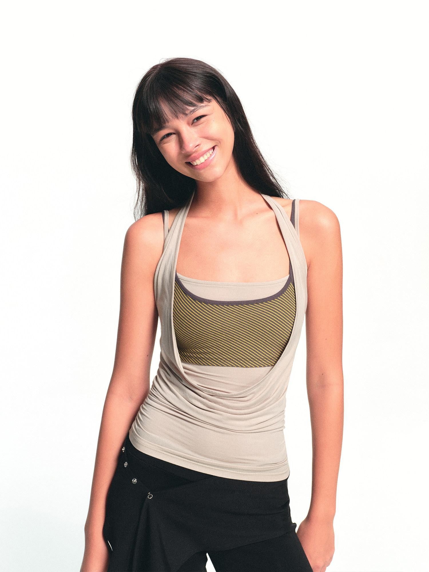 kvkv Beige Detachable Three Piece Striped Cowl Layered Women&