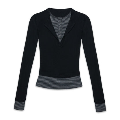 kvkv_Black_Contrast_Striped_Faux_Two_Piece_Women&