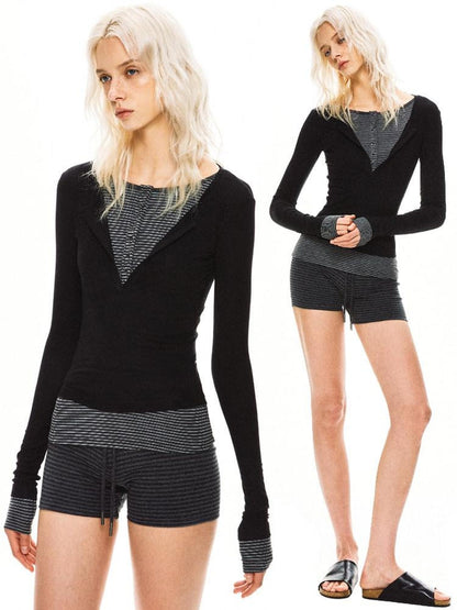 kvkv Black Contrast Striped Faux Two Piece Women&
