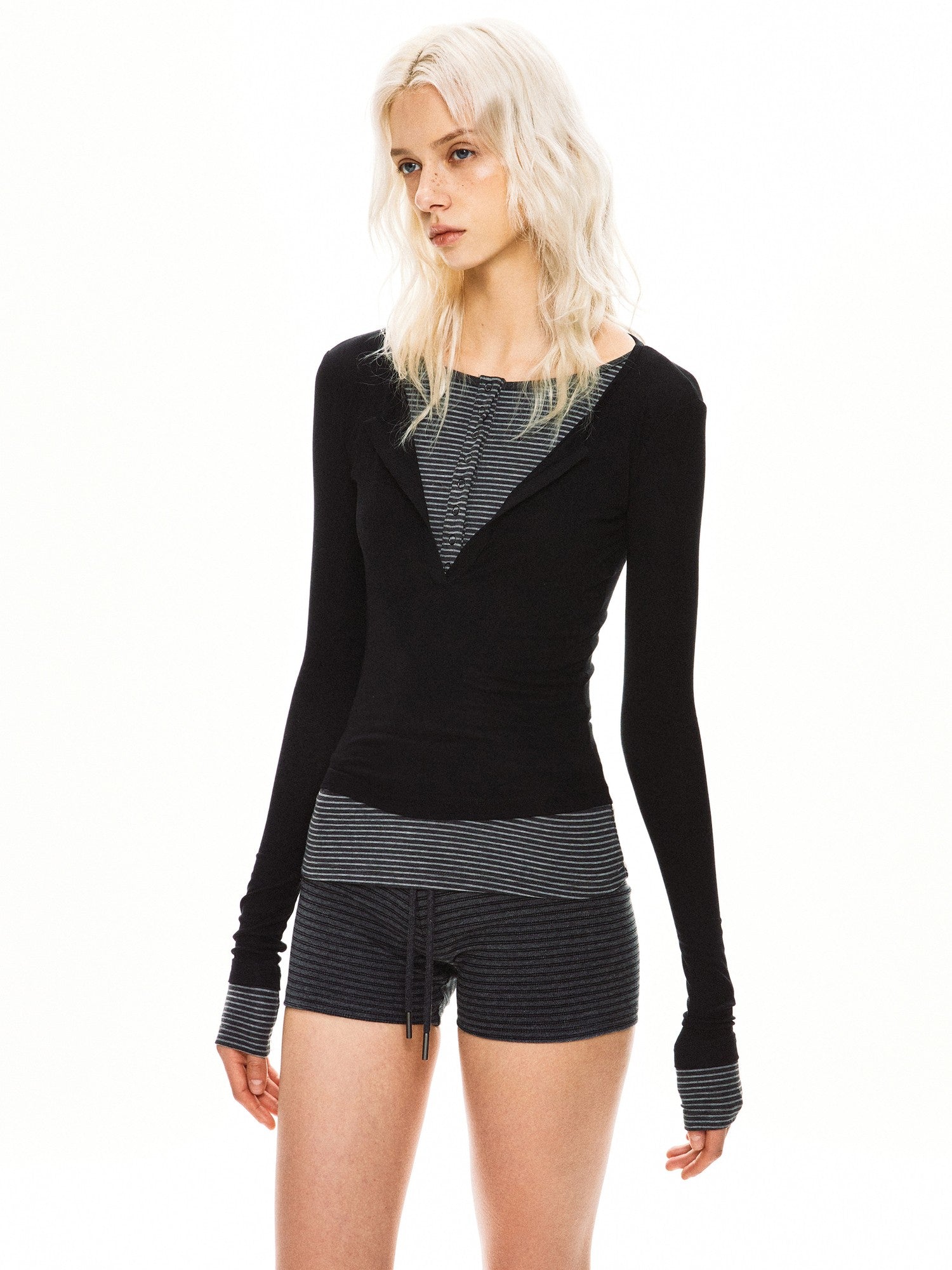 kvkv Black Contrast Striped Faux Two Piece Women&