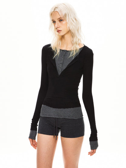 kvkv Black Contrast Striped Faux Two Piece Women&