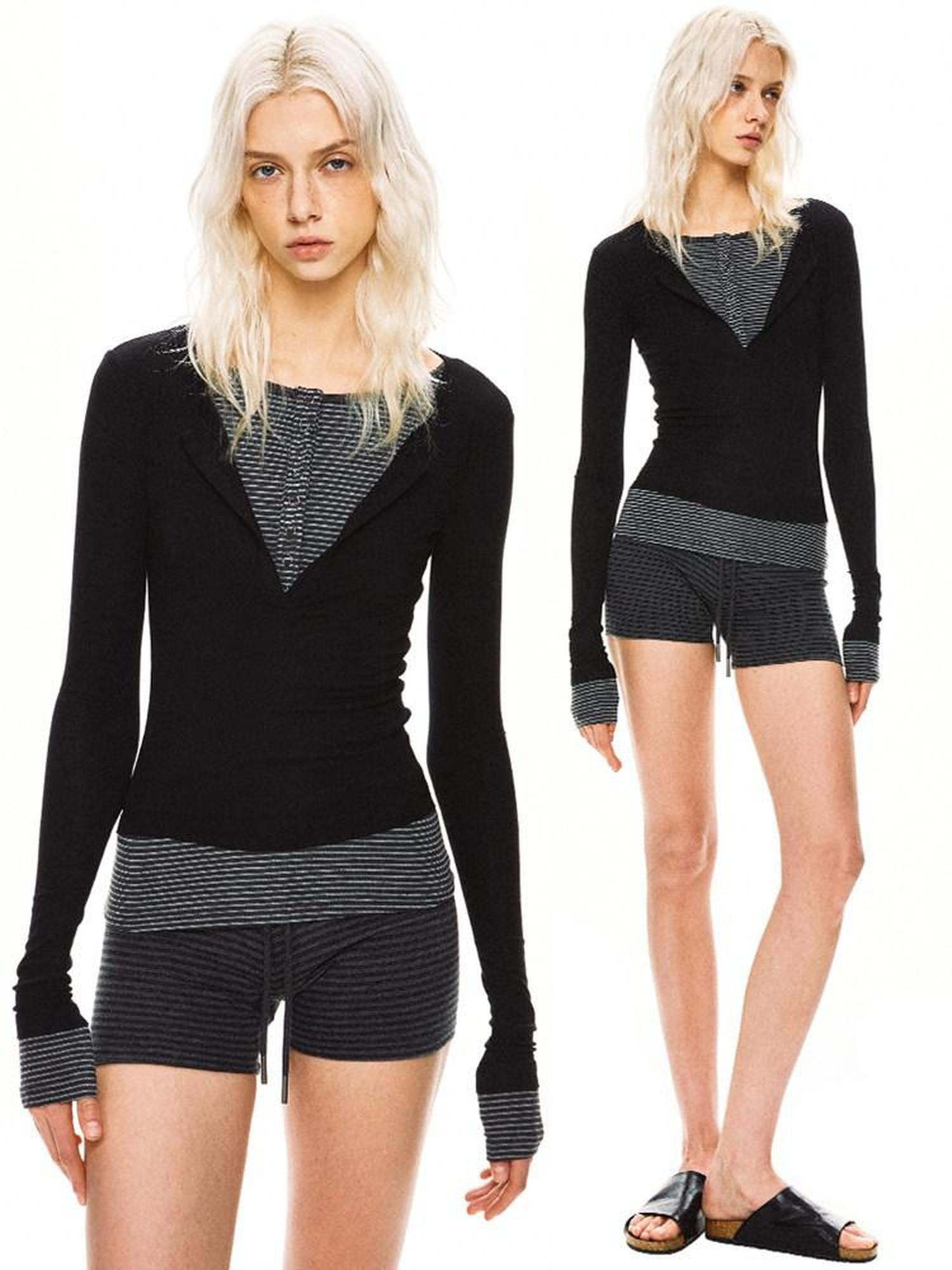 kvkv Black Contrast Striped Faux Two Piece Women&