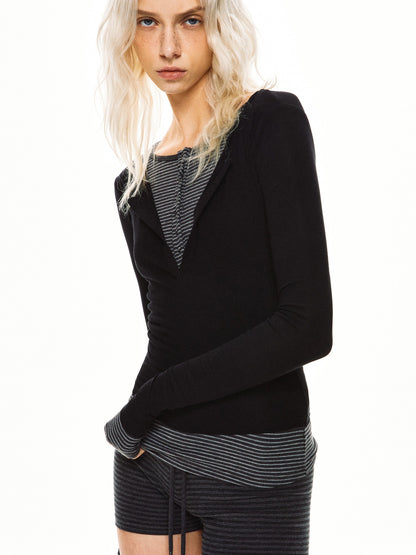 kvkv Black Contrast Striped Faux Two Piece Women&