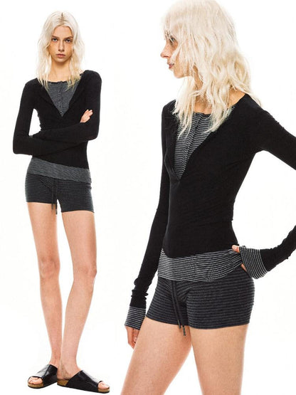 kvkv Black Contrast Striped Faux Two Piece Women&