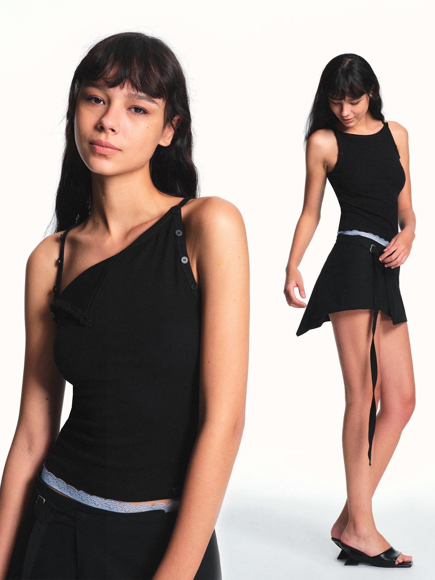 kvkv Black Detachable Button Ribbed Crop Slim Fit Women&